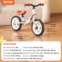 VEVOR Toddler Balance Bike, 12"