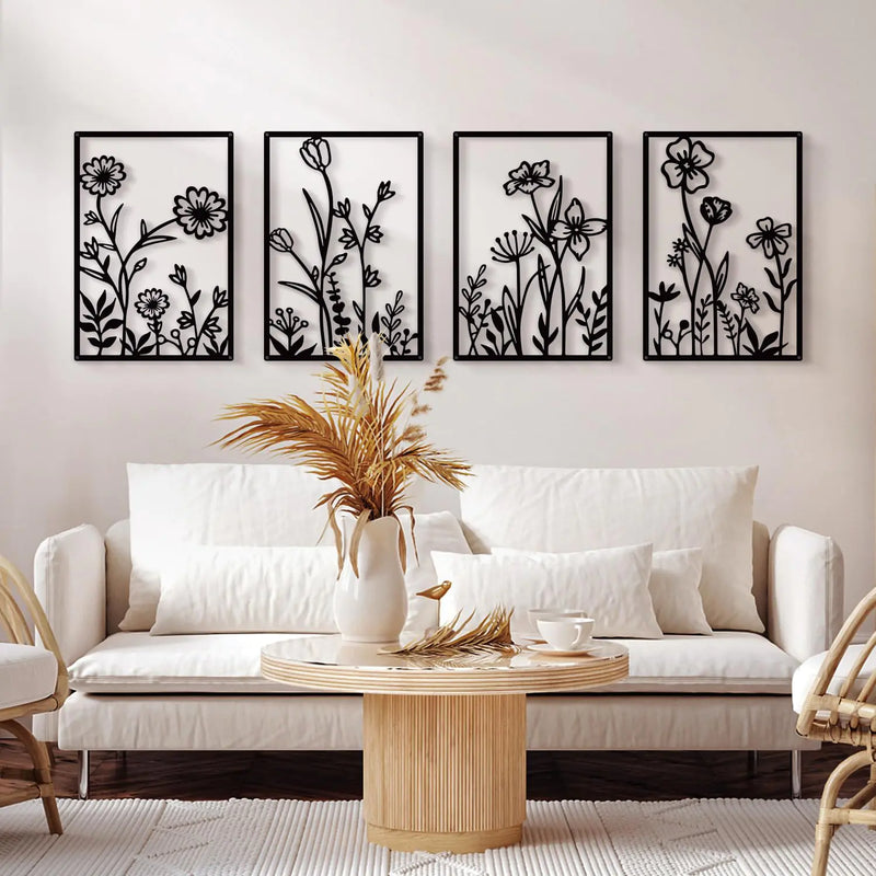 Black Metal Flowers Wall Decor Minimalist Floral Wall Hanging Art