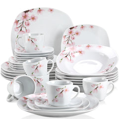 VEWEET ANNIE  White Ceramic Pink Floral Porcelain Plate Set