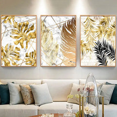 Abstract Black Plants with Golden Leaf Wall Art (3pcs)
