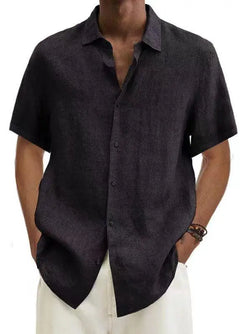 V-neck Button Cotton And Linen Solid Color
