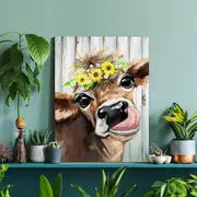 Country Cow Sunflower Canvas Wall Art Decor (8x12in)