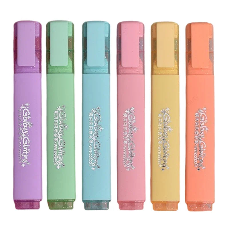 6 Colors/box Fine Glitter Highlighter Pen Set Fluorescent Highlighters