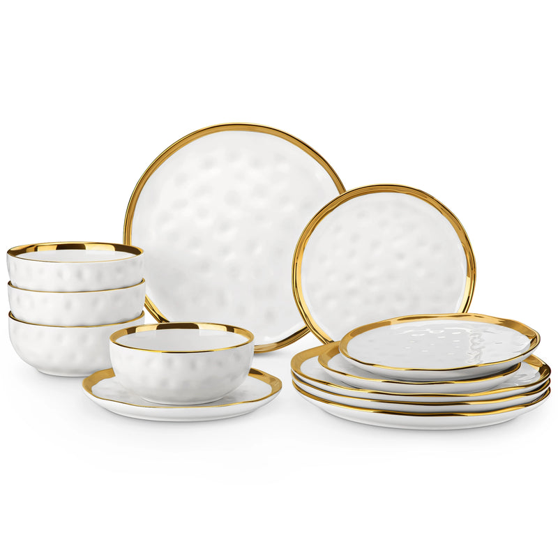 LOVECASA Ceramic Porcelain White and Golden Rim Dinnerware Set