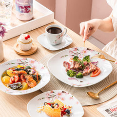 VEWEET ANNIE  White Ceramic Pink Floral Porcelain Plate Set