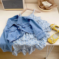 Girls' Denim Jacket and Floral Skirt Set 