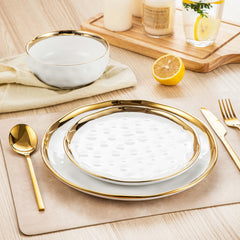 LOVECASA Ceramic Porcelain White and Golden Rim Dinnerware Set