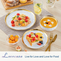 LOVECASA Ceramic Porcelain White and Golden Rim Dinnerware Set