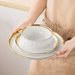 LOVECASA Ceramic Porcelain White and Golden Rim Dinnerware Set