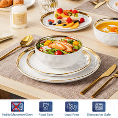 LOVECASA Ceramic Porcelain White and Golden Rim Dinnerware Set