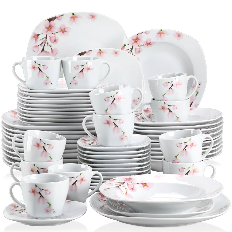 VEWEET ANNIE  White Ceramic Pink Floral Porcelain Plate Set