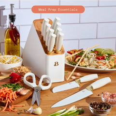 12 Piece Stainless Steel Knife Block Set, Soft-Grip Handles White Icing by Drew Barrymore