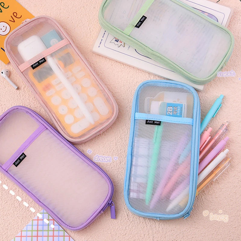 Transparent Mesh Pencil Case Large Capacity Simple and Fresh School Supplies Stationery Multi-Purpose Lightweight