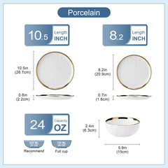LOVECASA Ceramic Porcelain White and Golden Rim Dinnerware Set