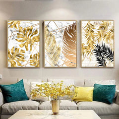 Abstract Black Plants with Golden Leaf Wall Art (3pcs)