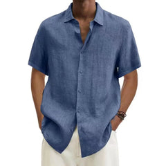 V-neck Button Cotton And Linen Solid Color