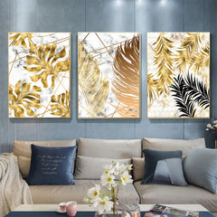 Abstract Black Plants with Golden Leaf Wall Art (3pcs)