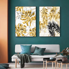 Abstract Black Plants with Golden Leaf Wall Art (3pcs)