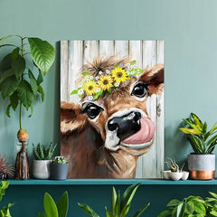 Country Cow Sunflower Canvas Wall Art Decor (8x12in)