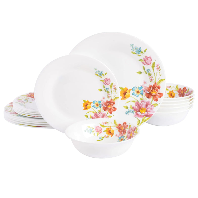 Ultra Break and Chip Resistant Dinnerware Set Round: Service for 6 (18pcs) Red Floral