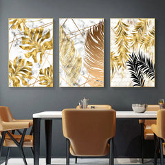 Abstract Black Plants with Golden Leaf Wall Art (3pcs)