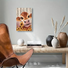Country Cow Sunflower Canvas Wall Art Decor (8x12in)